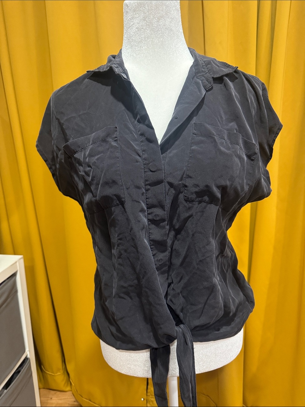 C. Wonder Black Short-Sleeve Button Front Tie Shirt